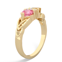 Lab Pink Sapphire Celtic Knot Double Heart 14K Yellow Gold ring R5040