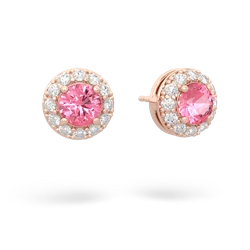 Lab Pink Sapphire Diamond Halo 14K Rose Gold earrings E5370