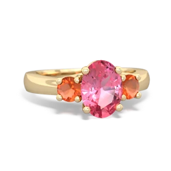 Lab Pink Sapphire Three Stone Oval Trellis 14K Yellow Gold ring R4024