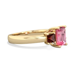 Lab Pink Sapphire Three Stone Emerald-Cut Trellis 14K Yellow Gold ring R4021