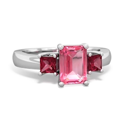 Lab Pink Sapphire Three Stone Emerald-Cut Trellis 14K White Gold ring R4021