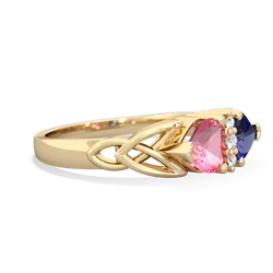 Lab Pink Sapphire Celtic Knot Double Heart 14K Yellow Gold ring R5040