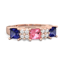 Lab Pink Sapphire Three Stone Diamond Cluster 14K Rose Gold ring R2592