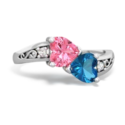 Lab Pink Sapphire Snuggling Hearts 14K White Gold ring R2178