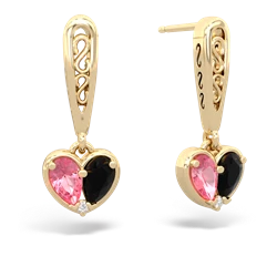 Lab Pink Sapphire Filligree Heart 14K Yellow Gold earrings E5070