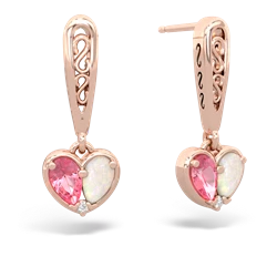 Lab Pink Sapphire Filligree Heart 14K Rose Gold earrings E5070