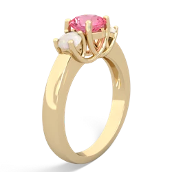 Lab Pink Sapphire Three Stone Round Trellis 14K Yellow Gold ring R4018