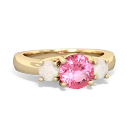 Lab Pink Sapphire Three Stone Round Trellis 14K Yellow Gold ring R4018