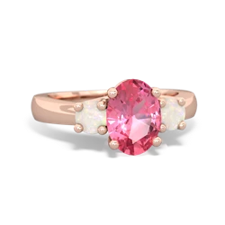 Lab Pink Sapphire Three Stone Oval Trellis 14K Rose Gold ring R4024