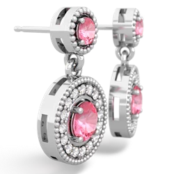 Lab Pink Sapphire Halo Dangle 14K White Gold earrings E5319