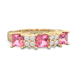 Pink Tourmaline Three Stone Diamond Cluster 14K Yellow Gold ring R2592