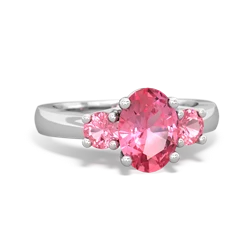 Lab Pink Sapphire Three Stone Oval Trellis 14K White Gold ring R4024