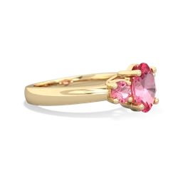 Lab Pink Sapphire Three Stone Oval Trellis 14K Yellow Gold ring R4024