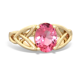 Lab Pink Sapphire Celtic Trinity Knot 14K Yellow Gold ring R2389