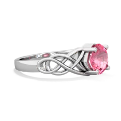 Lab Pink Sapphire Checkerboard Cushion Celtic Knot 14K White Gold ring R5000