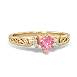 Lab Pink Sapphire Filligree Scroll Heart 14K Yellow Gold ring R2429