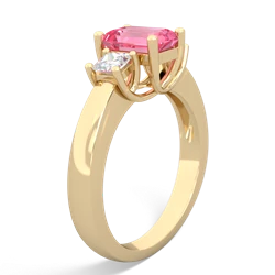 Lab Pink Sapphire Diamond Three Stone Emerald-Cut Trellis 14K Yellow Gold ring R4021