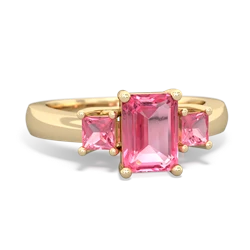 Lab Pink Sapphire Three Stone Emerald-Cut Trellis 14K Yellow Gold ring R4021