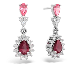 Lab Pink Sapphire Halo Pear Dangle 14K White Gold earrings E1882