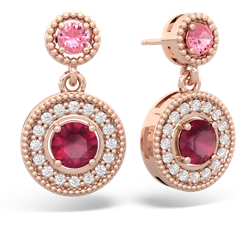 Lab Pink Sapphire Halo Dangle 14K Rose Gold earrings E5319