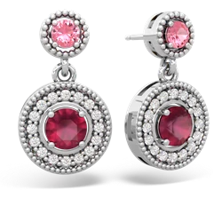 Lab Pink Sapphire Halo Dangle 14K White Gold earrings E5319