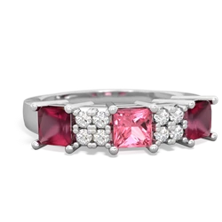 Lab Pink Sapphire Three Stone Diamond Cluster 14K White Gold ring R2592