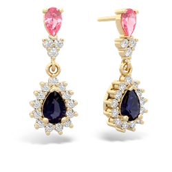 Lab Pink Sapphire Halo Pear Dangle 14K Yellow Gold earrings E1882