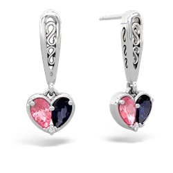 Lab Pink Sapphire Filligree Heart 14K White Gold earrings E5070