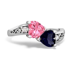 Lab Pink Sapphire Snuggling Hearts 14K White Gold ring R2178