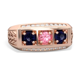 Lab Pink Sapphire Three Stone Tire Tread Men's 14K Rose Gold ring R0520