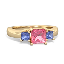 Lab Pink Sapphire Three Stone Trellis 14K Yellow Gold ring R4015