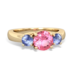 Lab Pink Sapphire Three Stone Round Trellis 14K Yellow Gold ring R4018