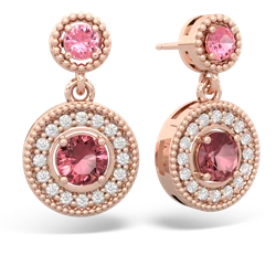 Lab Pink Sapphire Halo Dangle 14K Rose Gold earrings E5319