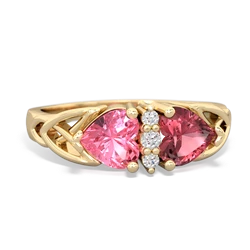 Lab Pink Sapphire Celtic Knot Double Heart 14K Yellow Gold ring R5040