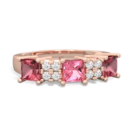 Lab Pink Sapphire Three Stone Diamond Cluster 14K Rose Gold ring R2592