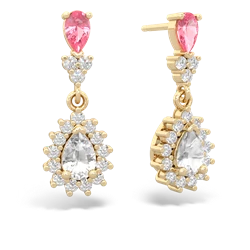 Lab Pink Sapphire Halo Pear Dangle 14K Yellow Gold earrings E1882