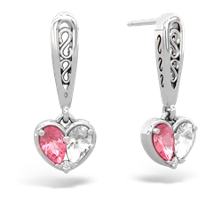 Lab Pink Sapphire Filligree Heart 14K White Gold earrings E5070