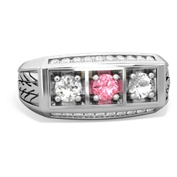 Lab Pink Sapphire Three Stone Tire Tread Men's 14K White Gold ring R0520