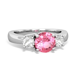 Lab Pink Sapphire Three Stone Round Trellis 14K White Gold ring R4018