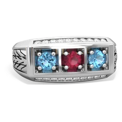 Ruby Three Stone Tire Tread Men's 14K White Gold ring R0520