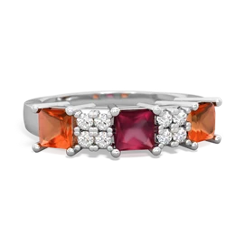 Ruby Three Stone Diamond Cluster 14K White Gold ring R2592