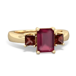 Ruby Three Stone Emerald-Cut Trellis 14K Yellow Gold ring R4021