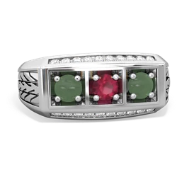 Ruby Three Stone Tire Tread Men's 14K White Gold ring R0520