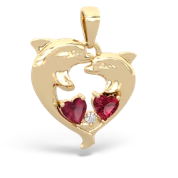 Ruby Dolphin Heart 14K Yellow Gold pendant P5820