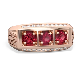 Ruby Three Stone Tire Tread Men's 14K Rose Gold ring R0520