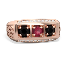 Ruby Three Stone Tire Tread Men's 14K Rose Gold ring R0520