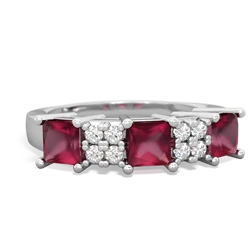 Ruby Three Stone Diamond Cluster 14K White Gold ring R2592