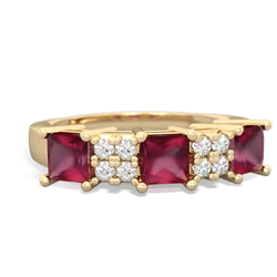 Ruby Three Stone Diamond Cluster 14K Yellow Gold ring R2592