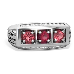 Ruby Three Stone Tire Tread Men's 14K White Gold ring R0520