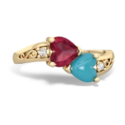 Ruby Snuggling Hearts 14K Yellow Gold ring R2178